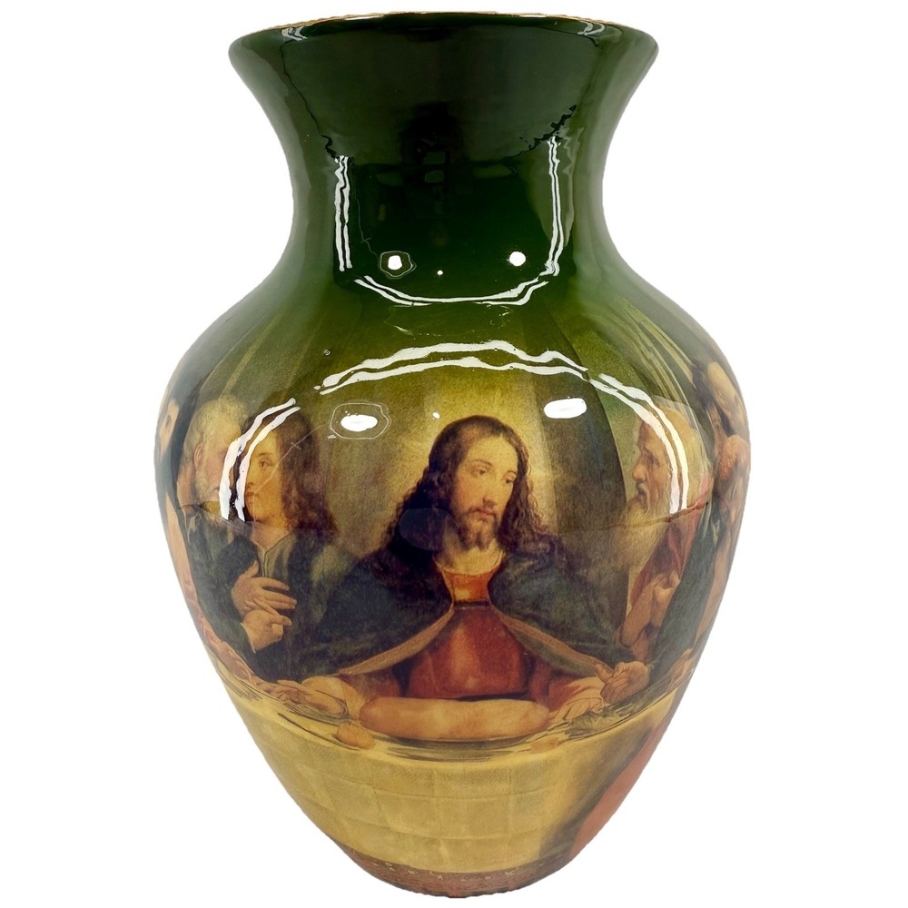 Vase Green Leonardo Da Vinci Last Supper Gold Trim Religious Art Ceramic 8.25"